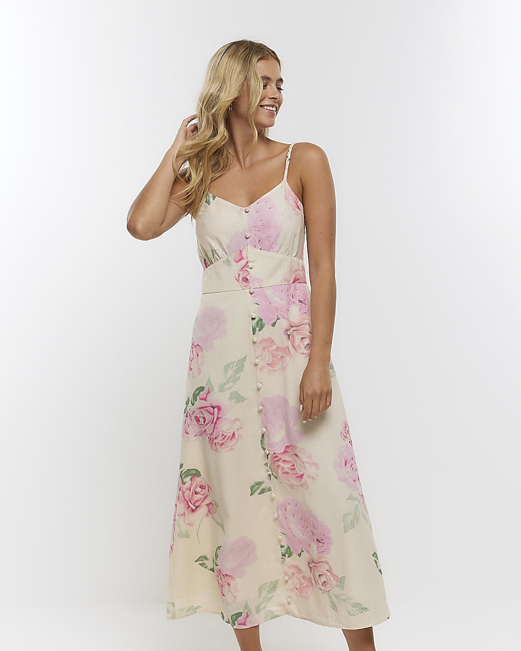 Cream floral cami midi dress with linen