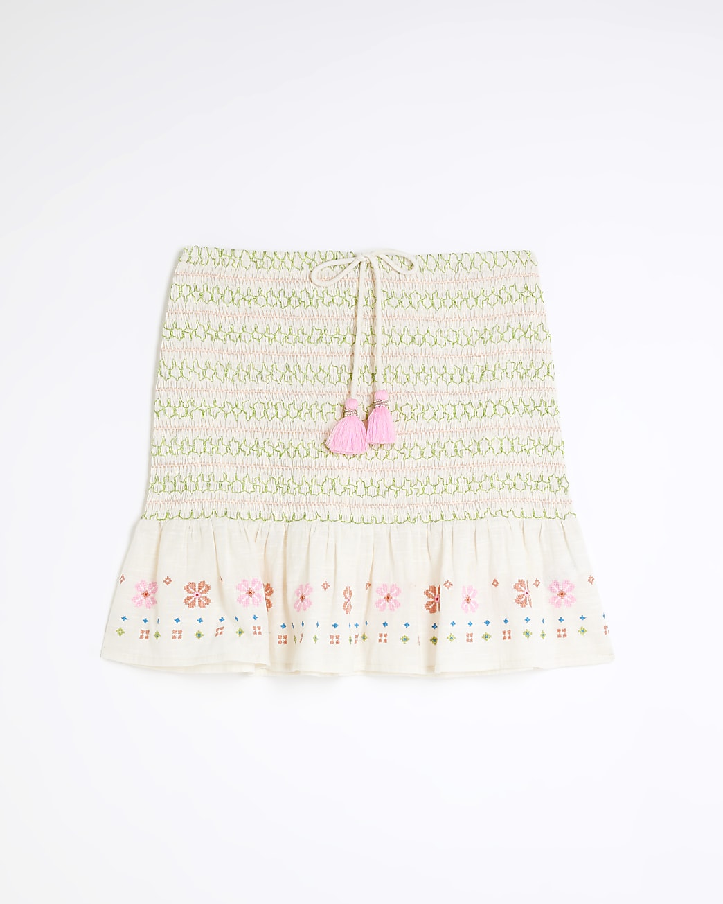 Cream embroidered shirred mini skirt