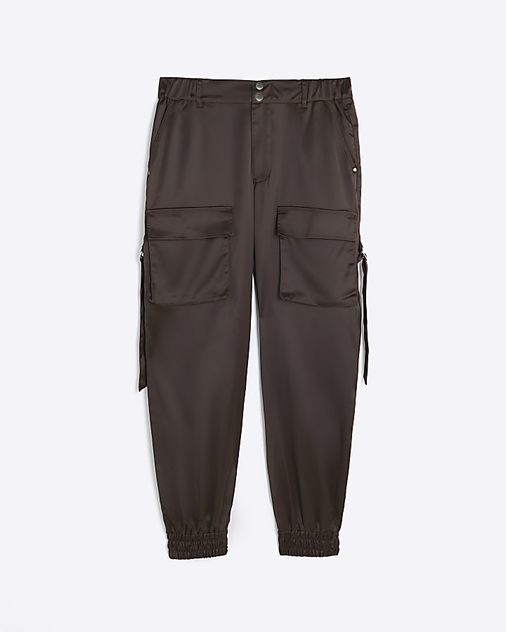 Brown satin cuffed cargo trousers
