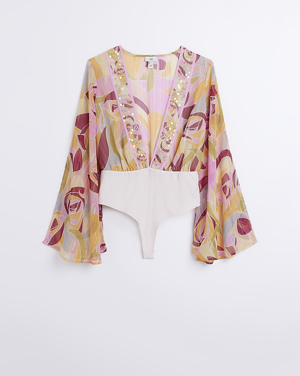 Pink printed sequin bell sleeve bodysuit