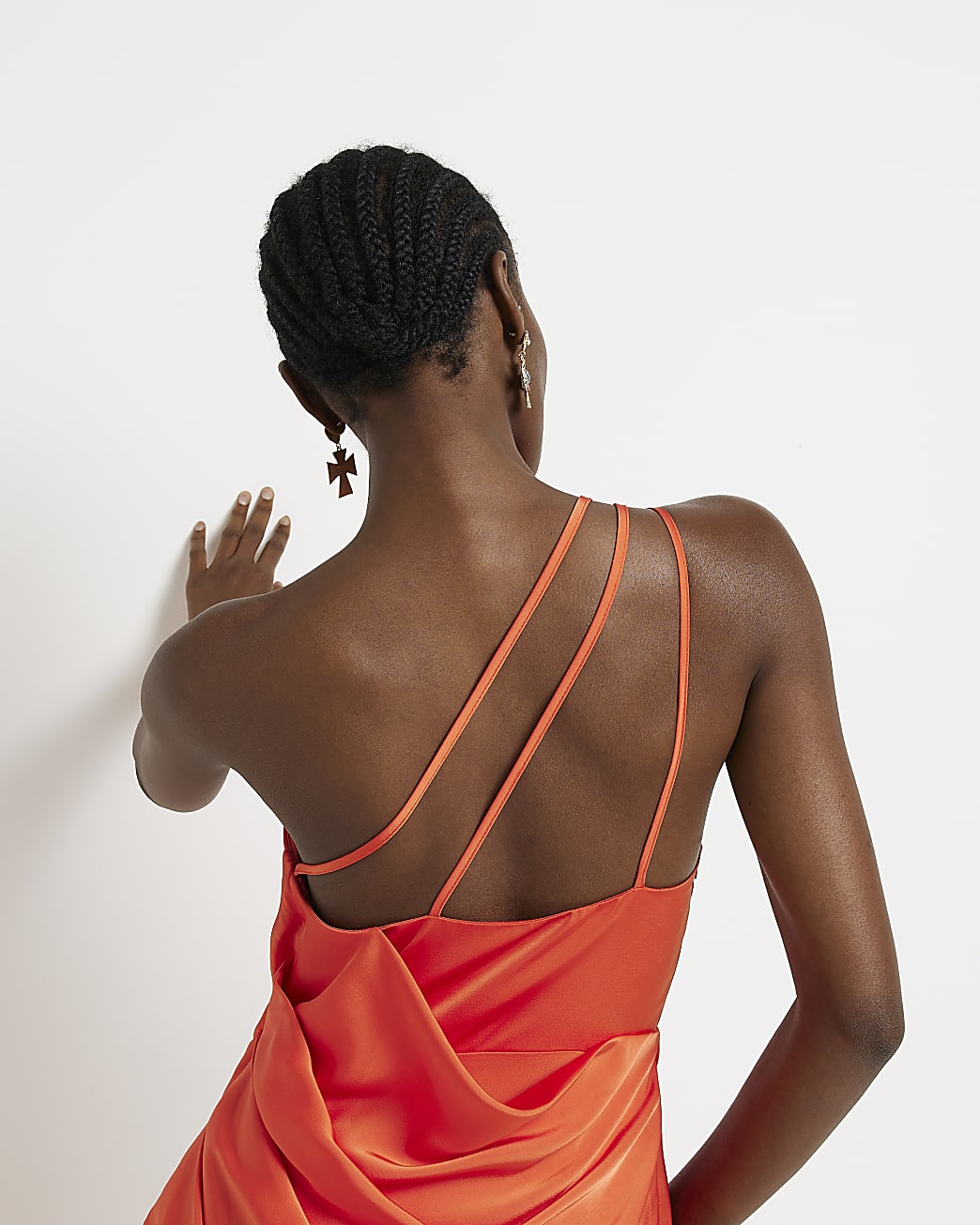 Orange satin wrap midi dress