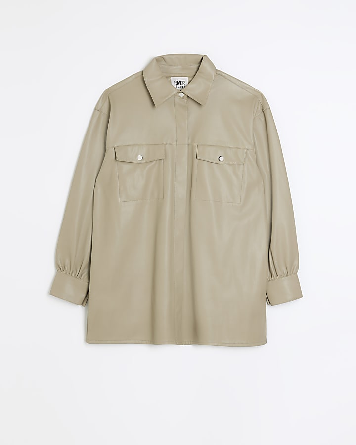 Beige faux leather shacket