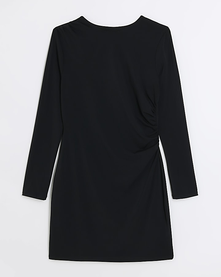 Black ruched drape bodycon mini dress