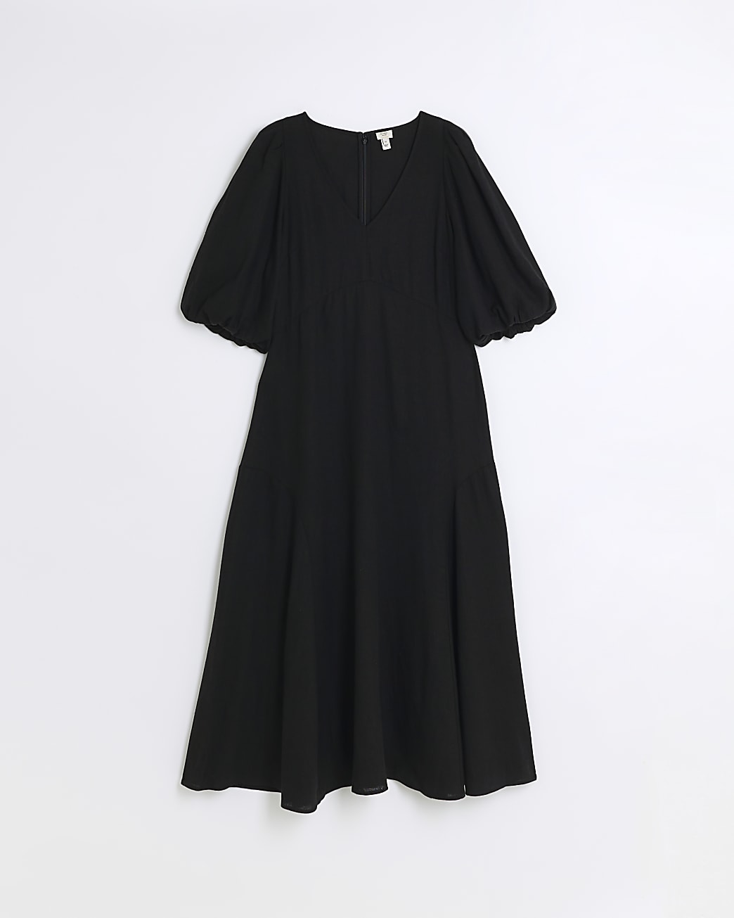 Black puff sleeve smock midi dress with linen