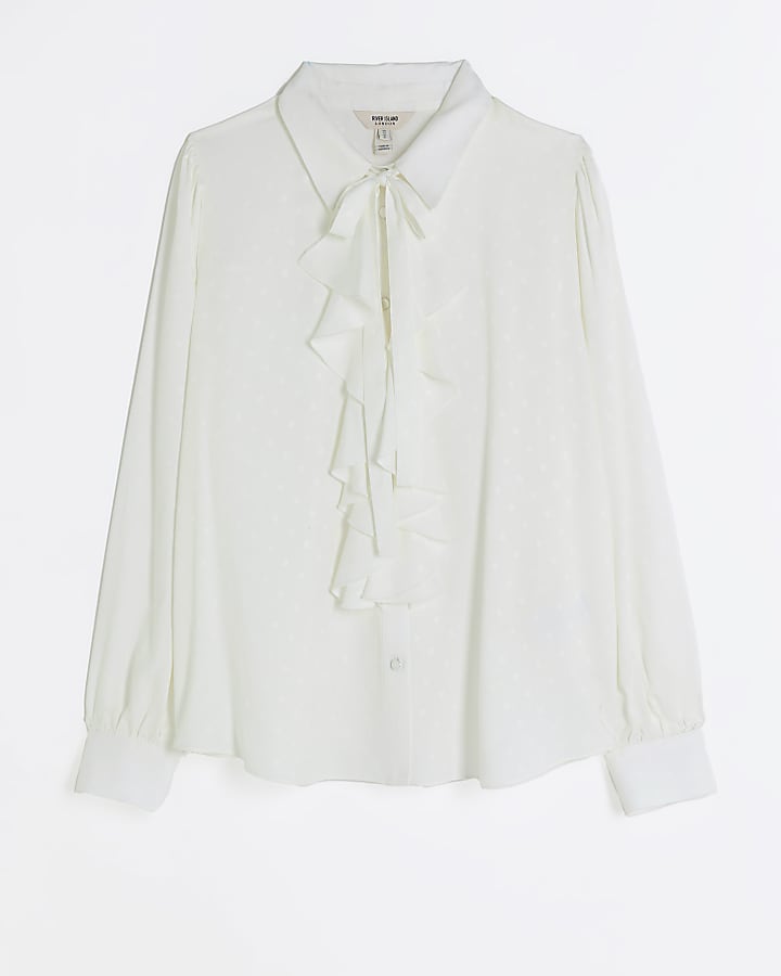 White frill tie neck shirt