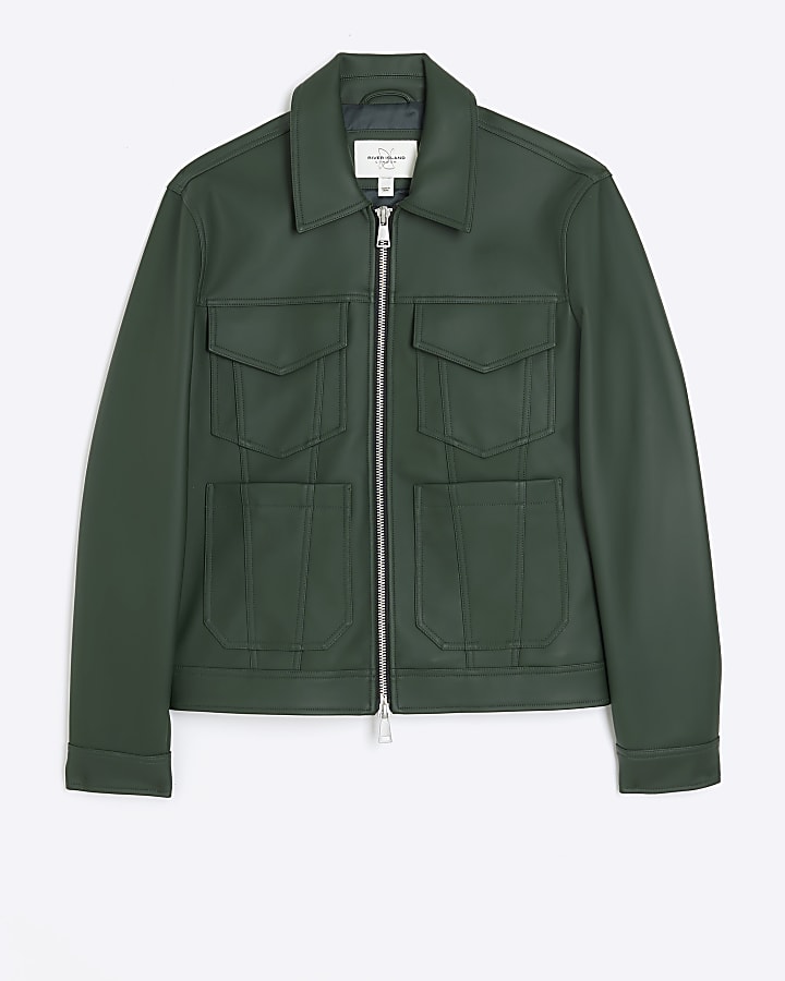 Green regular fit faux leather western jacket