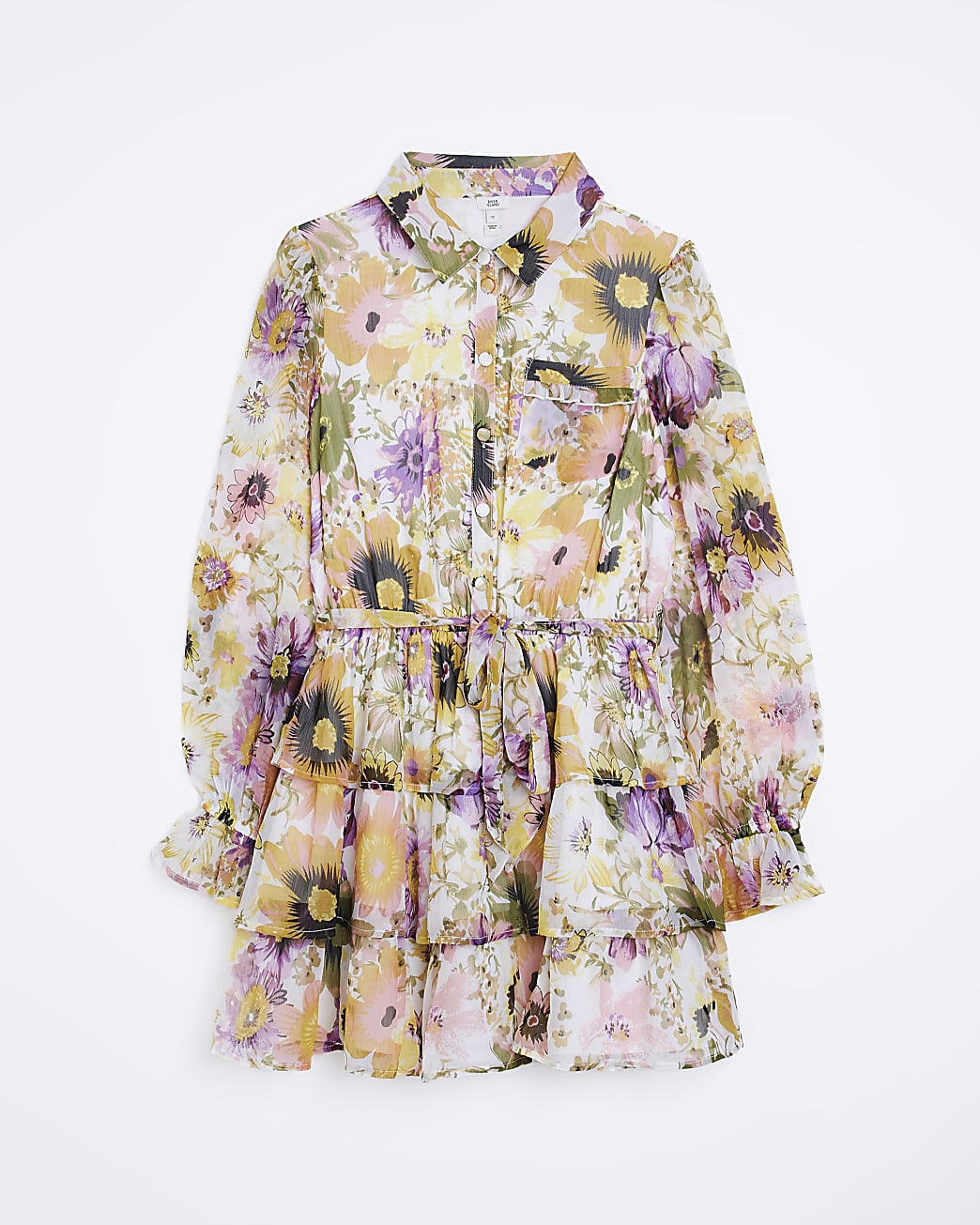 White floral long sleeve mini shirt dress