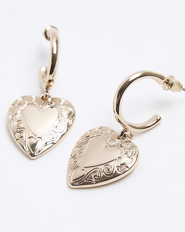 Gold Coloured Engraved Heart Hoop Earrings