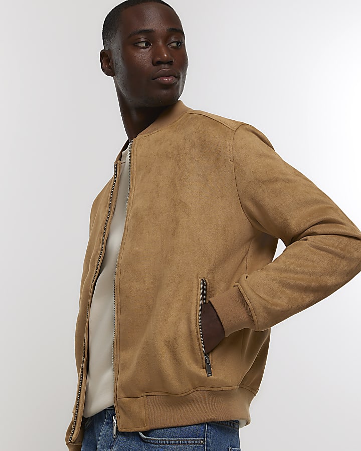 Brown regular fit suedette bomber jacket