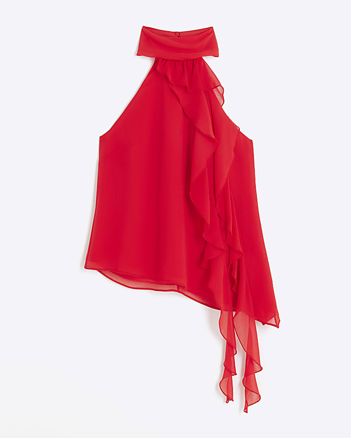 Red frill sleeveless blouse