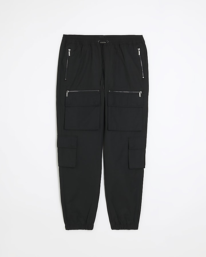 Black slim fit multi pocket cargo trousers