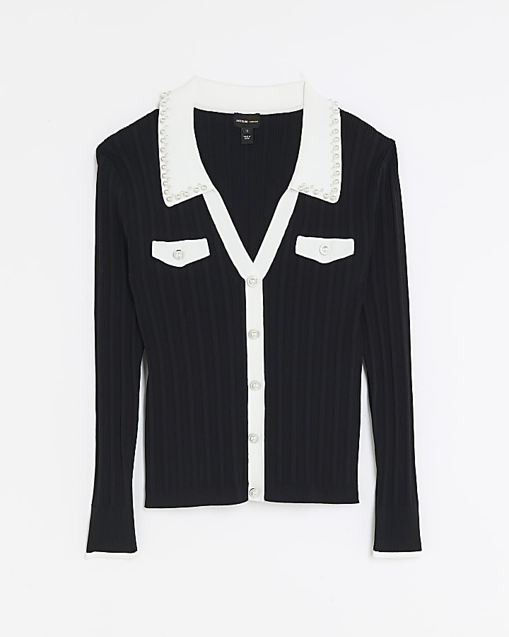 Petite black knitted pearl collar jumper