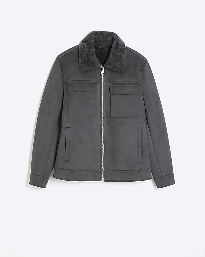 Grey regular fit shearling western jacket
