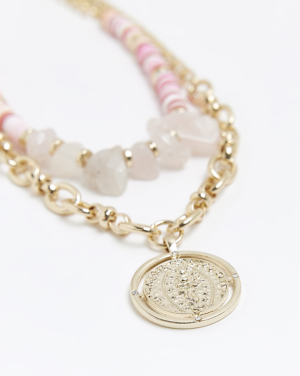 Pink coin pendant layered necklace