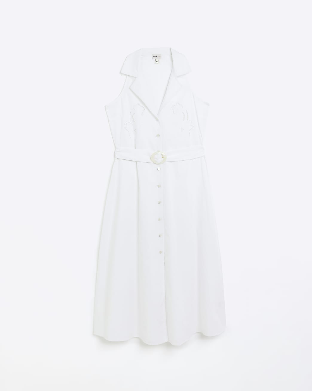 White belted sleeveless midi shirt dress
