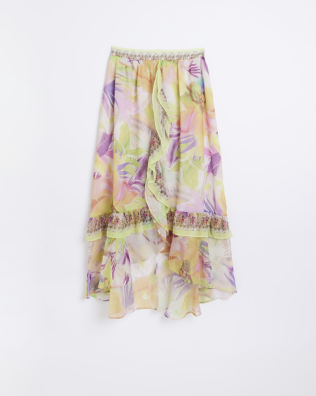 Yellow  floral frill detail maxi skirt
