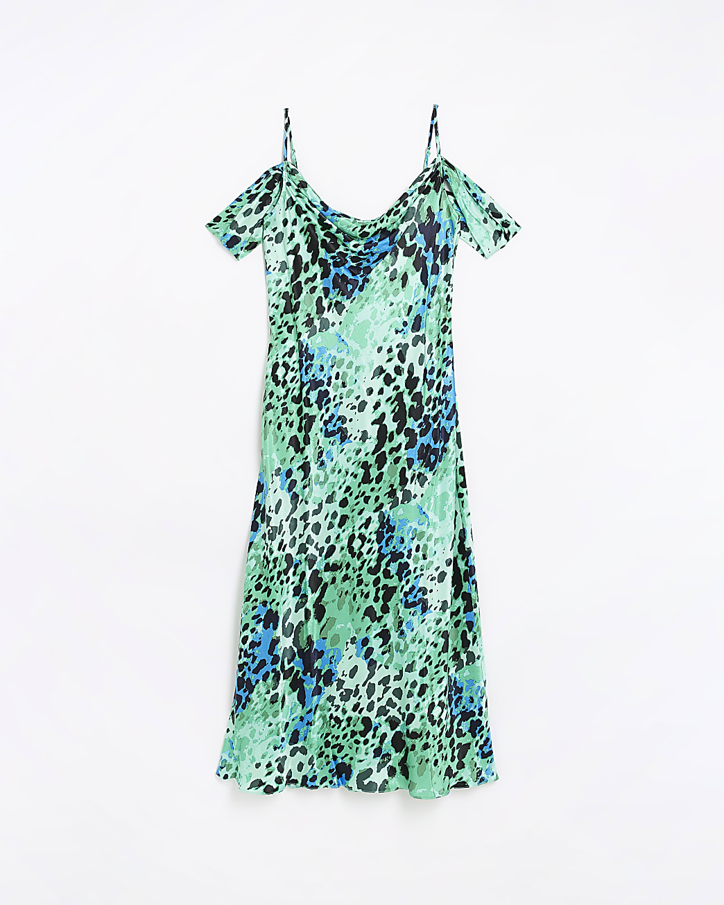 Green animal print cowl neck midi dress