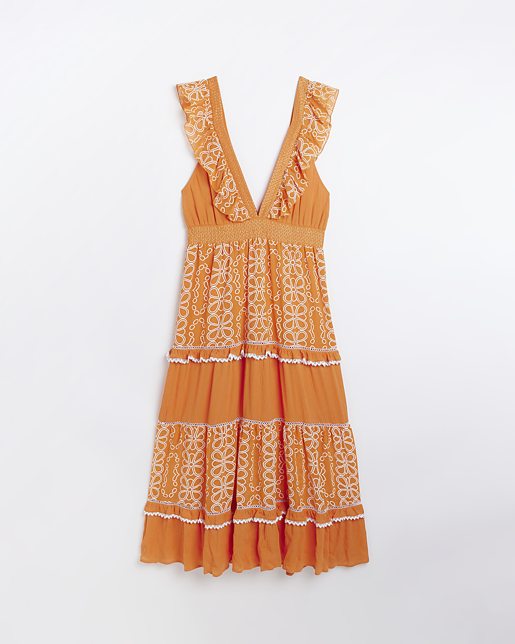 Plus orange embroidered frill maxi dress