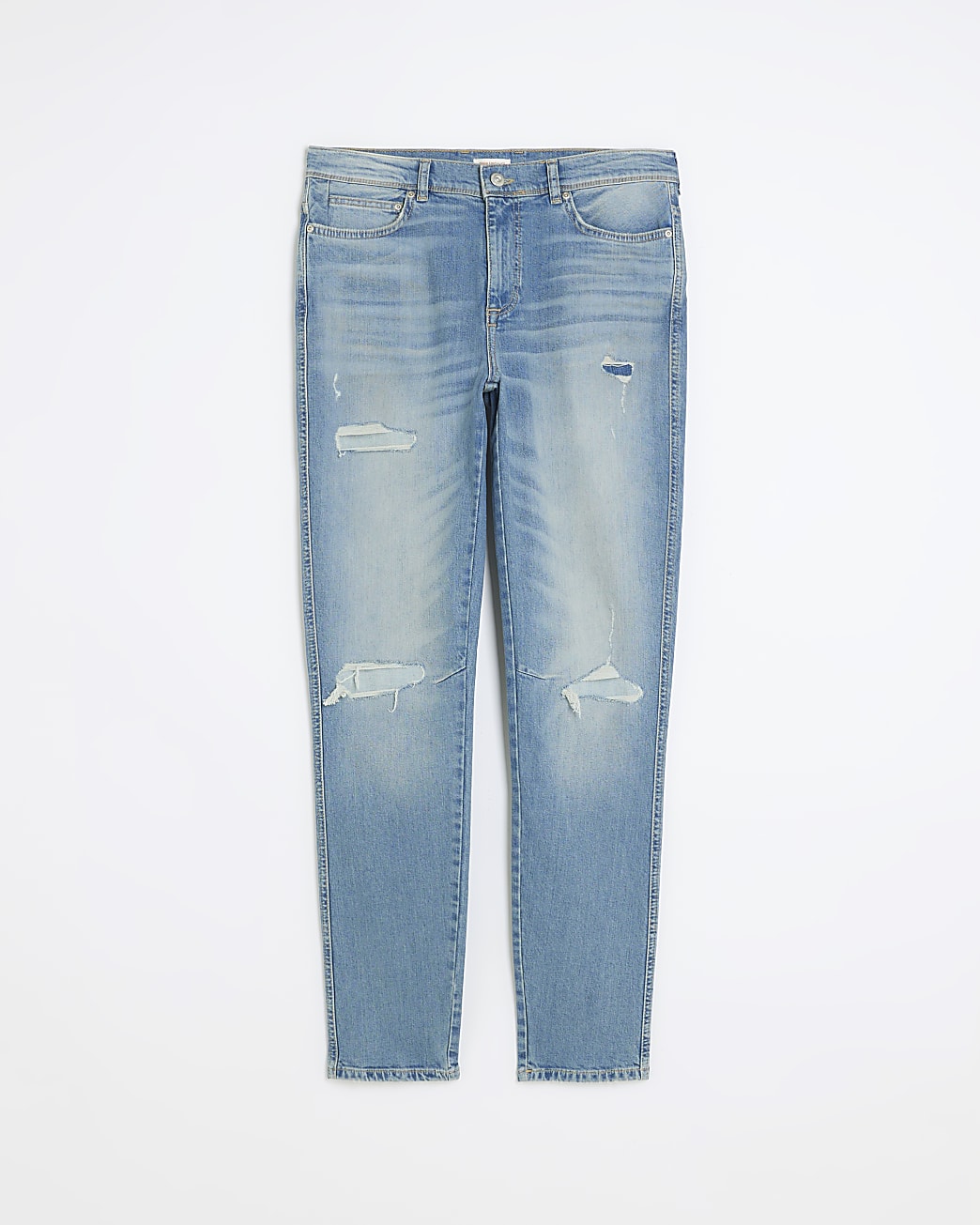 Washed blue skinny fit stacked ripped jeans