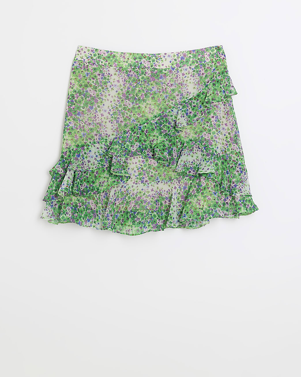 Green chiffon floral frill mini skirt