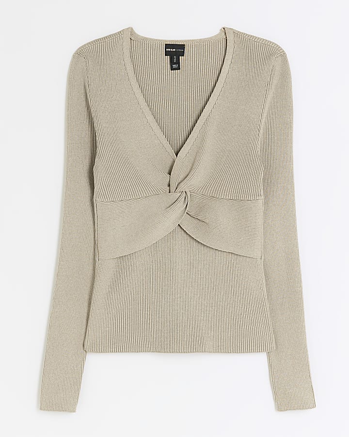 Beige front knot long sleeve top