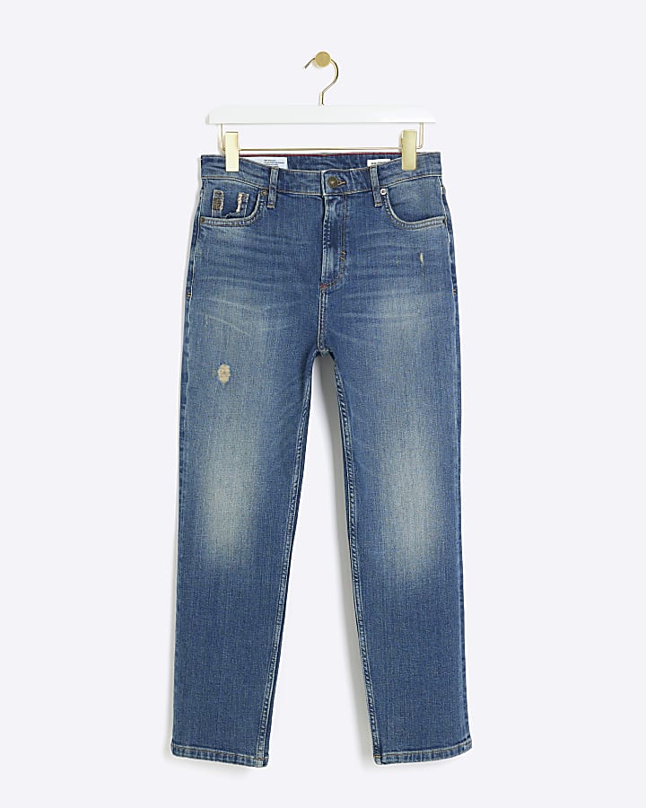 Blue High Waisted Slim Straight Ripped Jeans