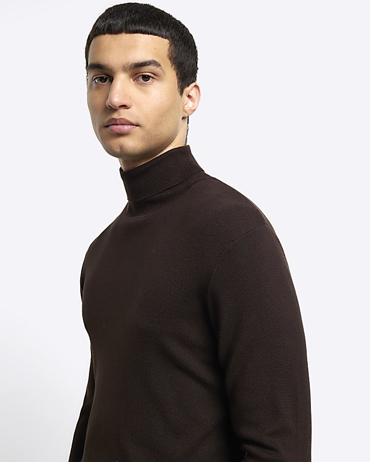 Brown slim fit rolled neck jumper