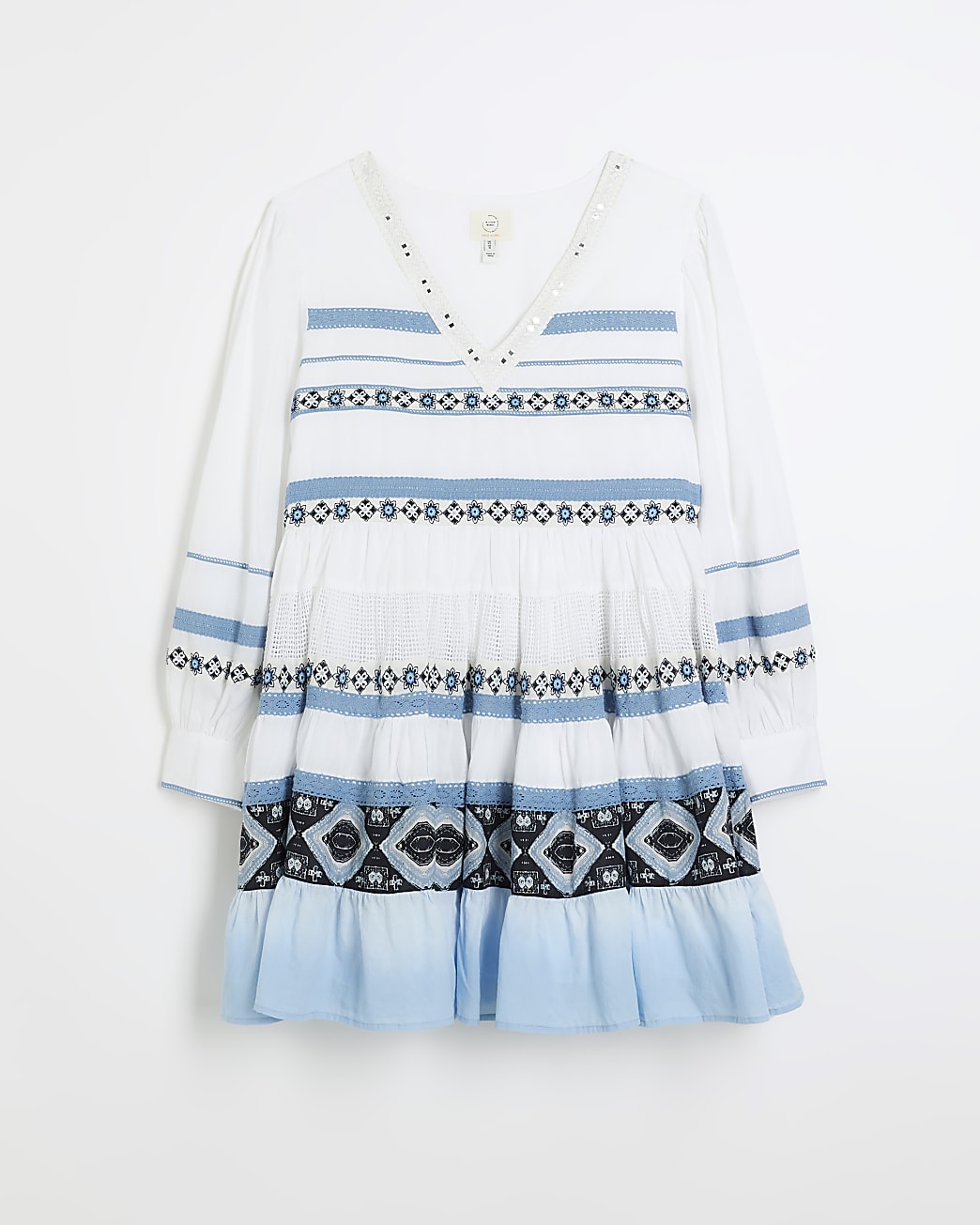 Blue striped embroidered smock mini dress