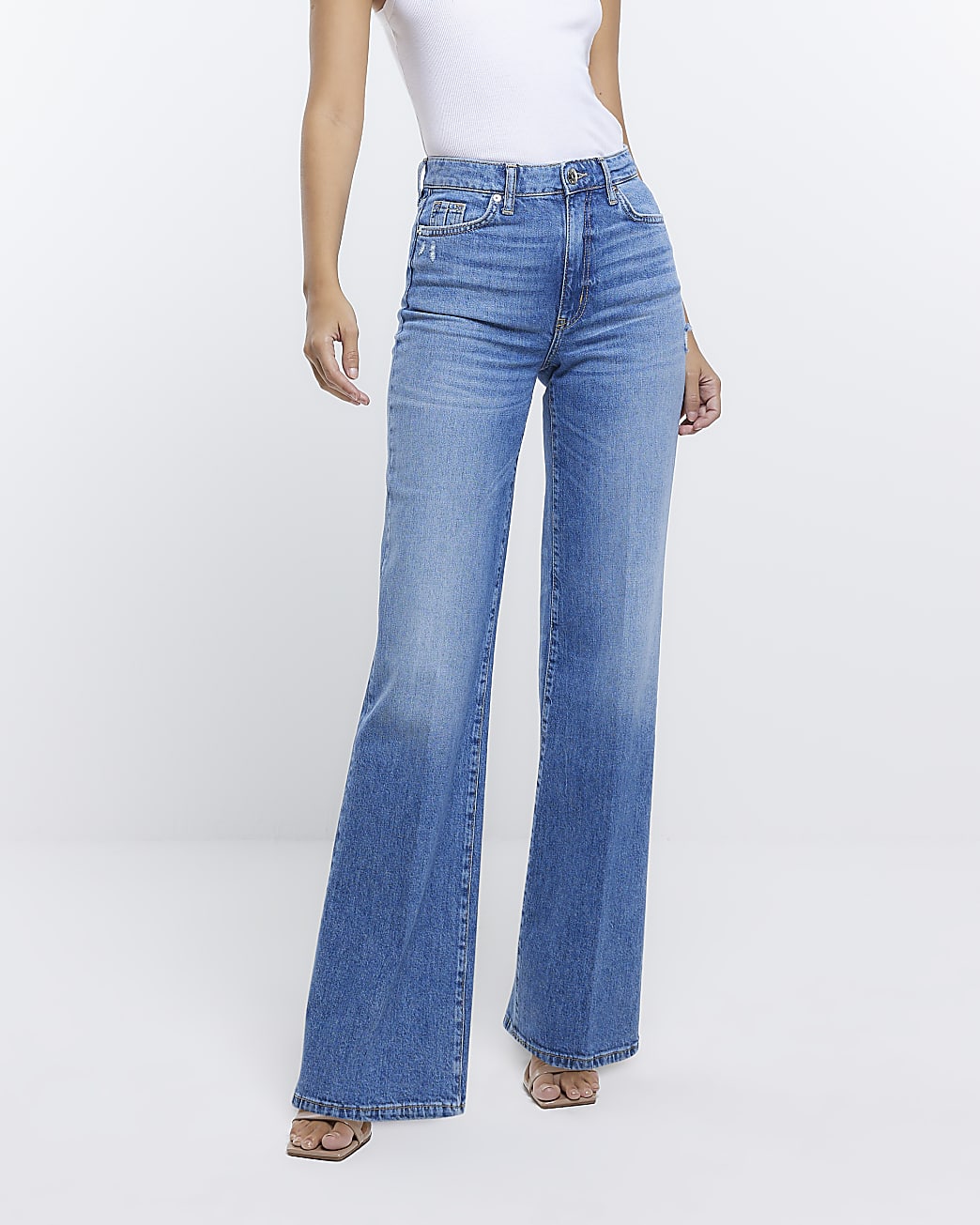 Blue mid rise wide leg jeans