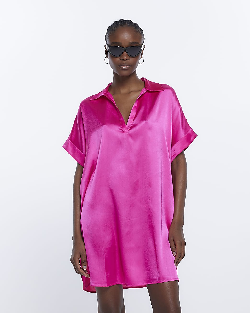 Pink short sleeve mini shirt dress