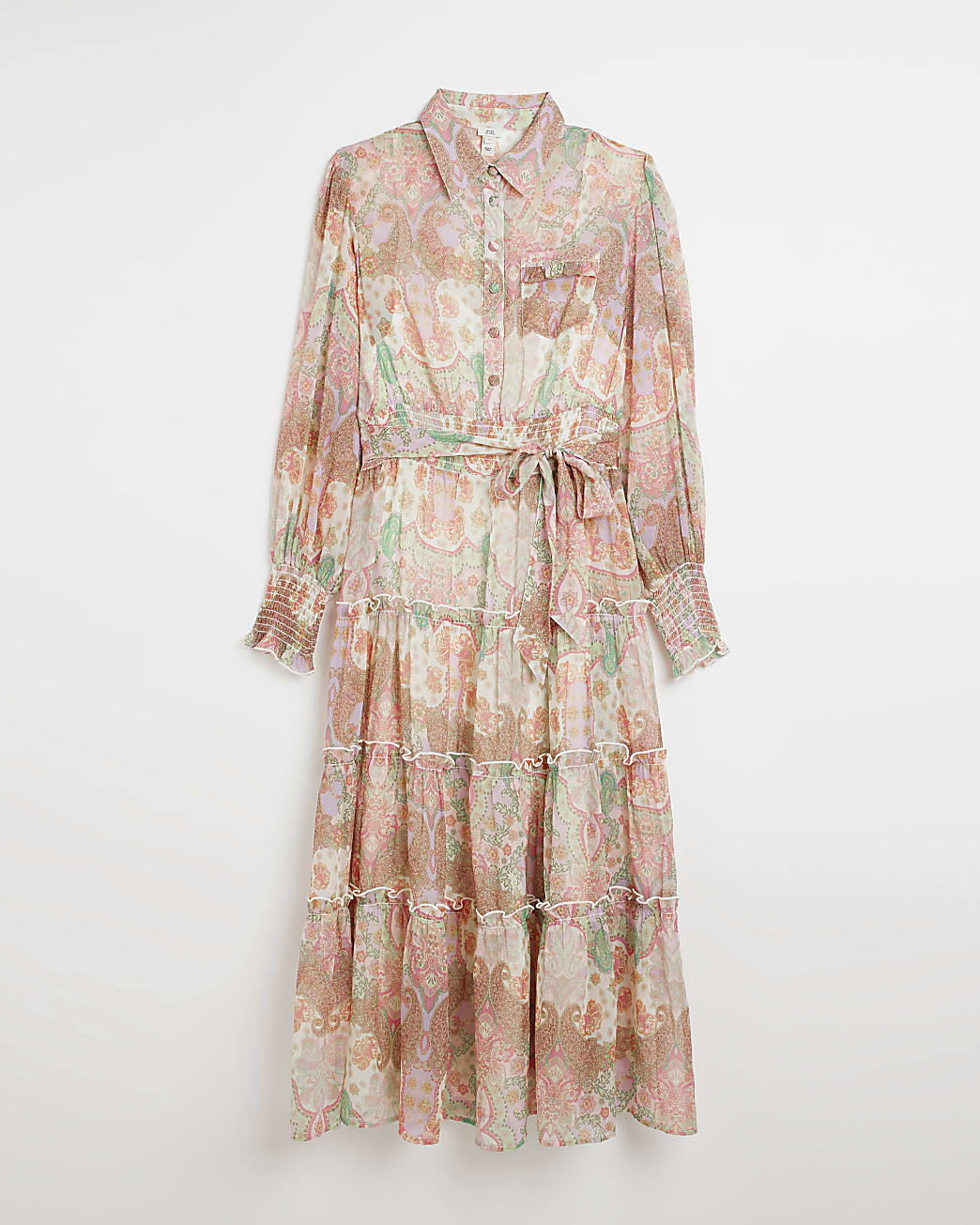 Pink chiffon tiered hem midi shirt dress