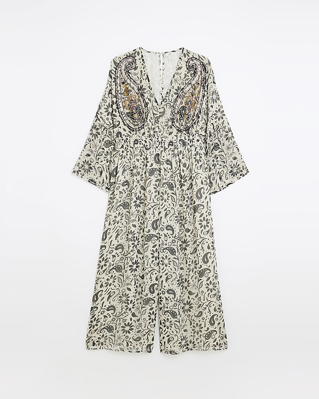 Plus cream print flare sleeve jumpsuit