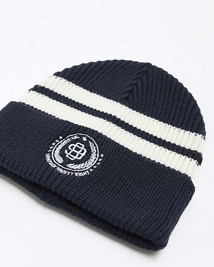 Navy stripe embroidered beanie