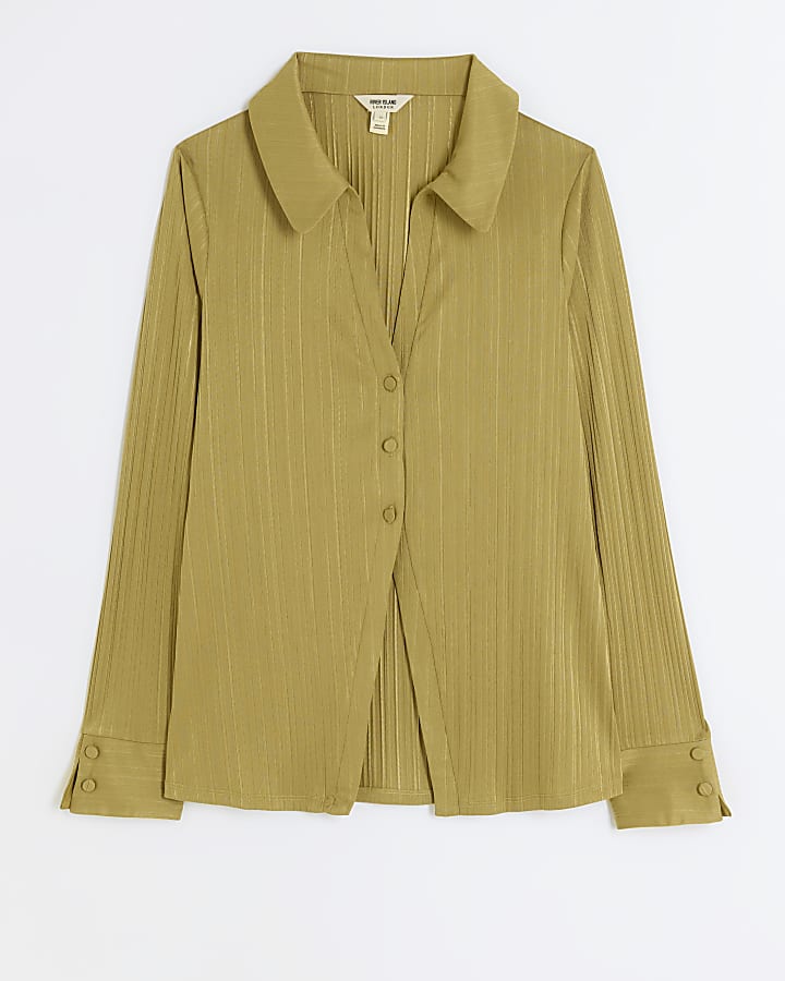 Green long sleeve plisse slinky shirt