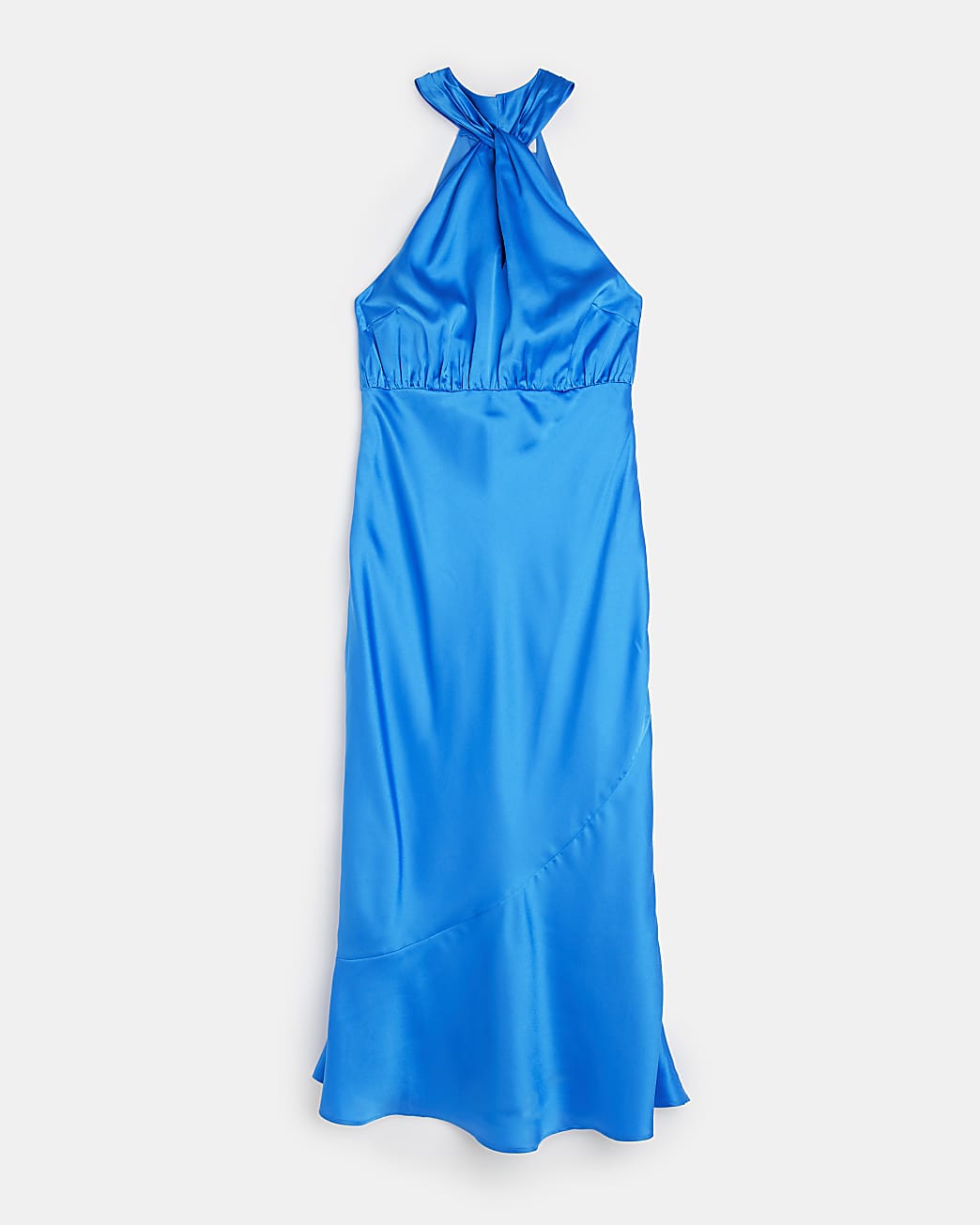 Blue satin halter neck slip midi dress