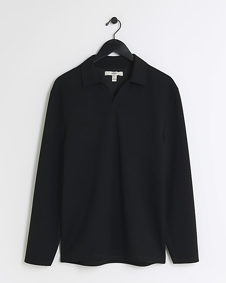 Black Slim Fit Open Neck Polo