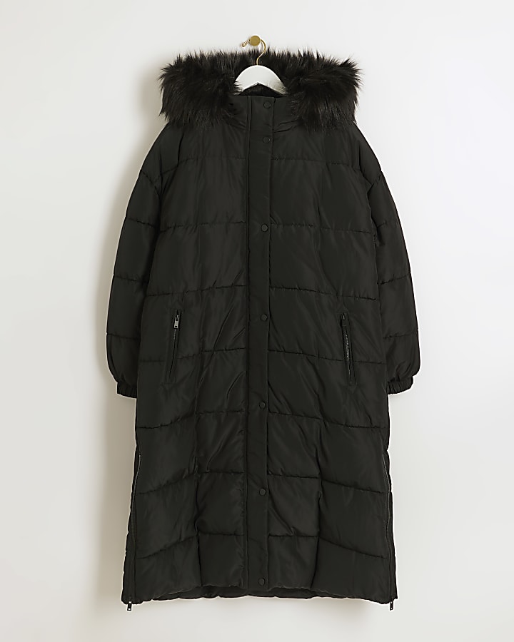 Black hooded longline puffer jacket