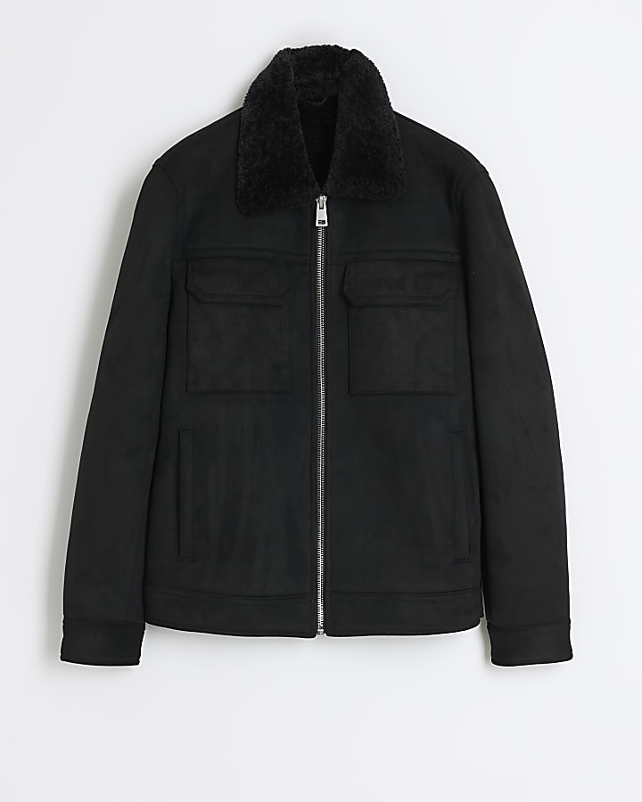 Black regular fit shearling western jacket