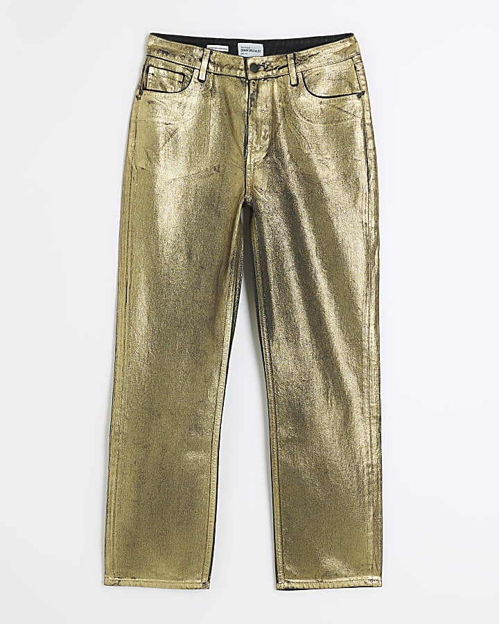 Gold relaxed straight coated jeans