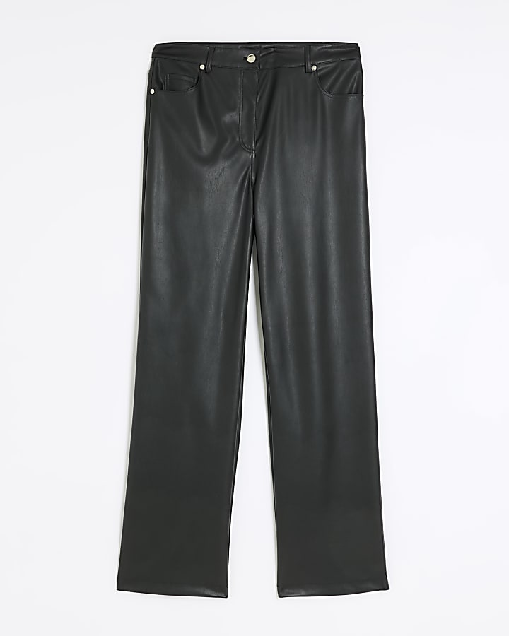 Black faux leather relaxed straight trousers