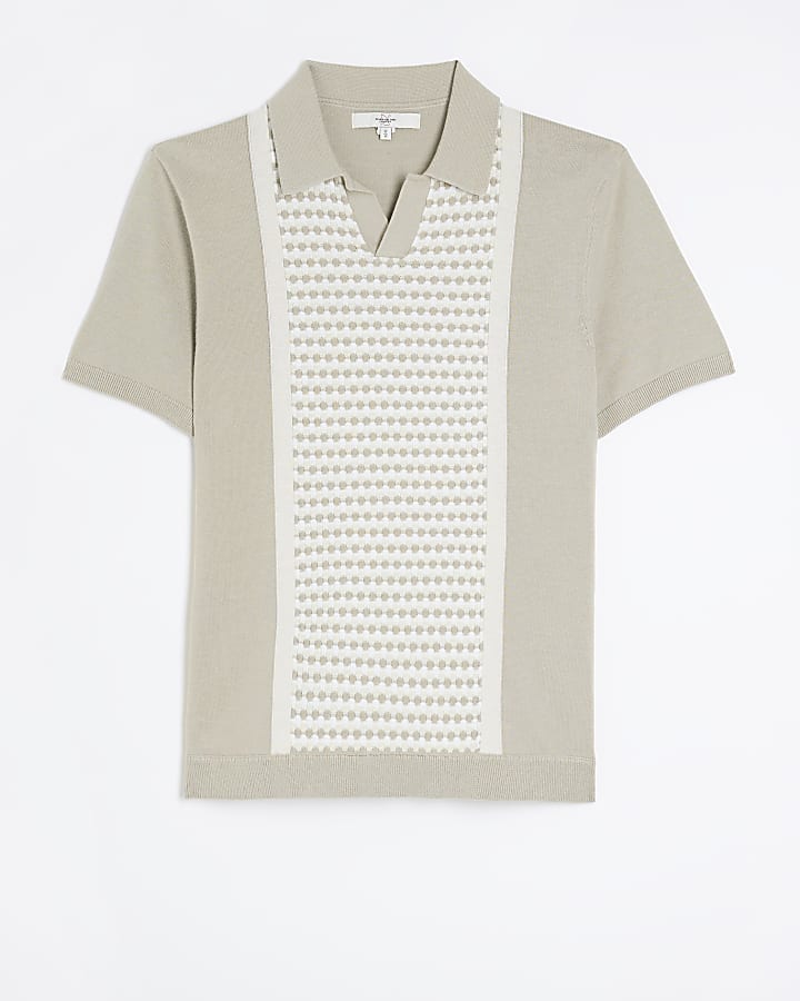 Stone slim fit knitted open collar polo