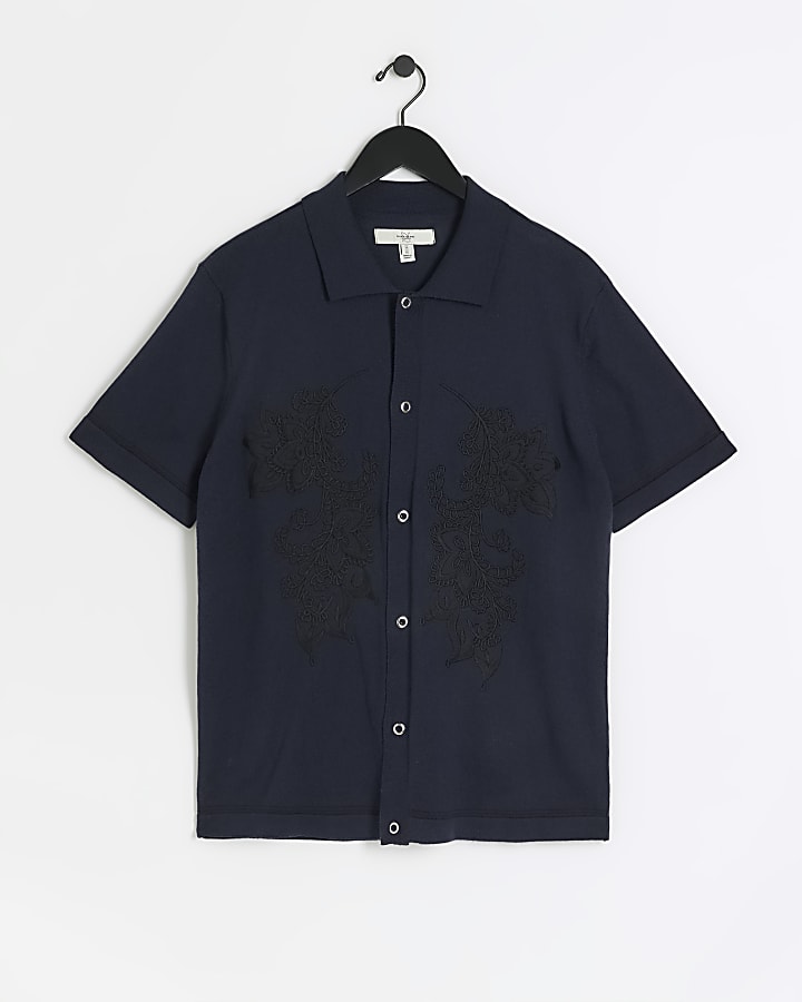 Navy Slim Fit Embroidered Shirt