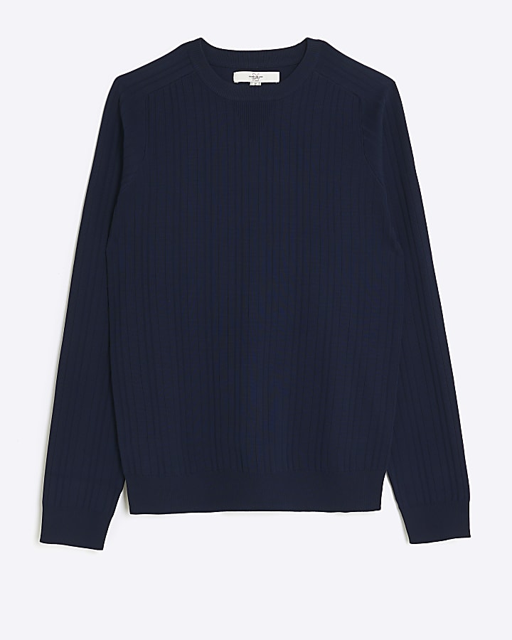 Navy muscle fit rib jumper