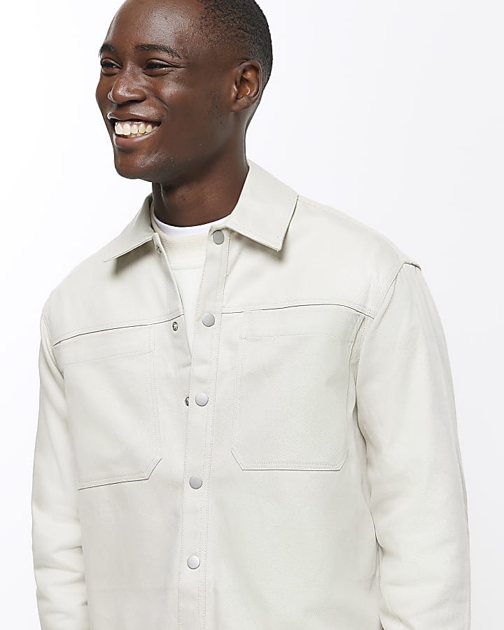 Stone regular fit popper front overshirt