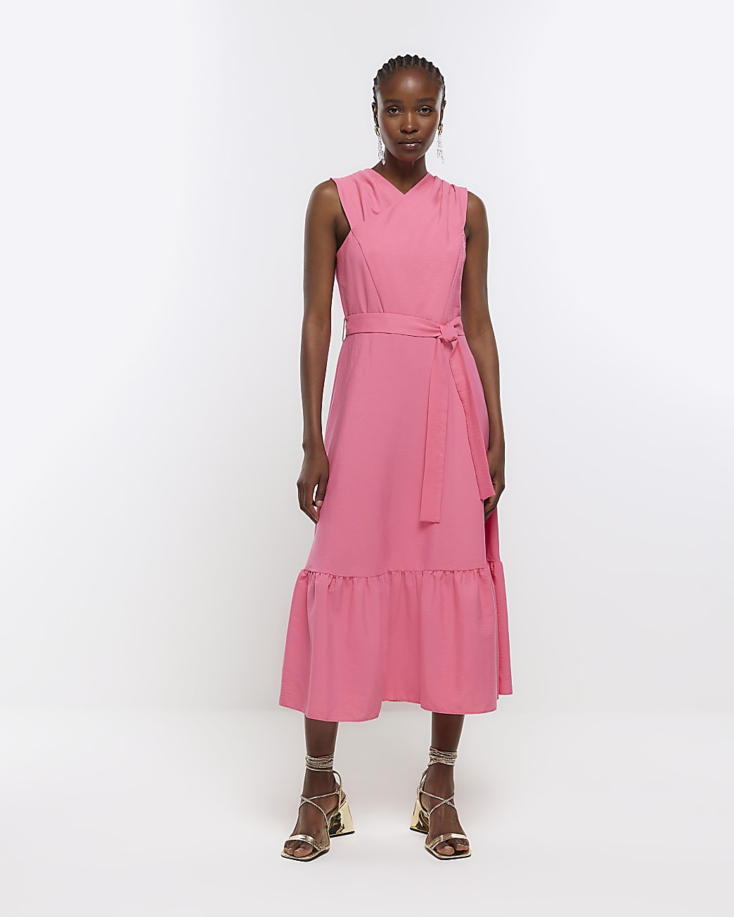 Pink belted bodycon midi dress