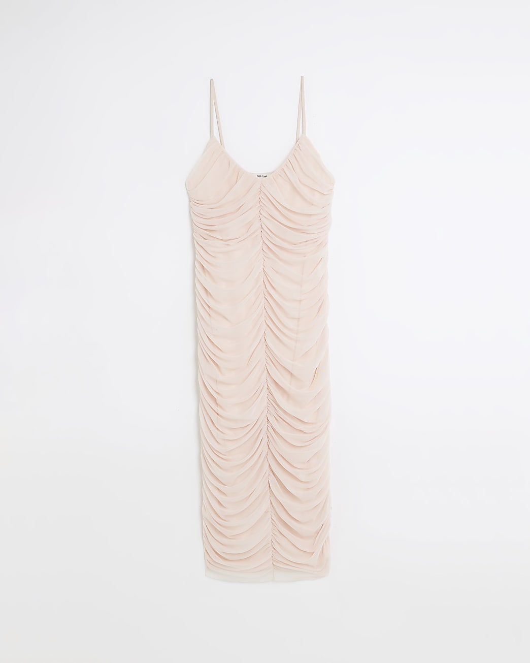 Pink ruched mesh midi dress