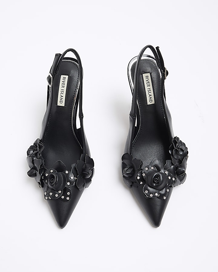 Black flower sling back heeled court shoes