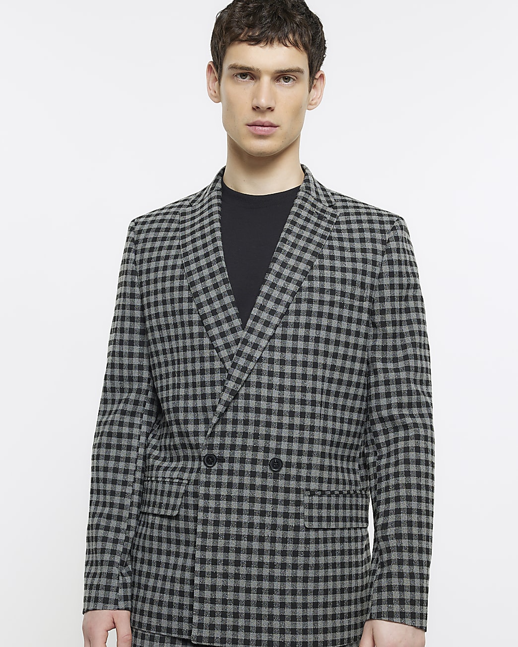 Grey slim fit check double breast suit jacket