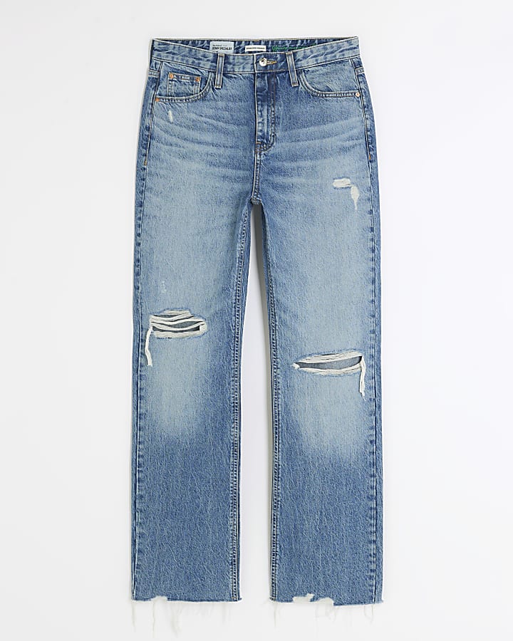 Blue stove pipe straight ripped jeans
