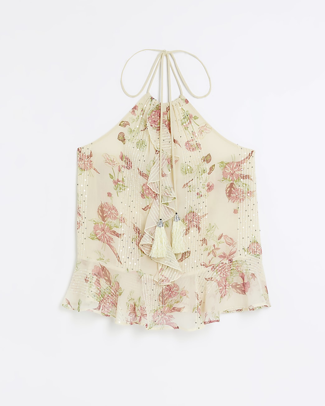 Yellow floral frill halter neck blouse